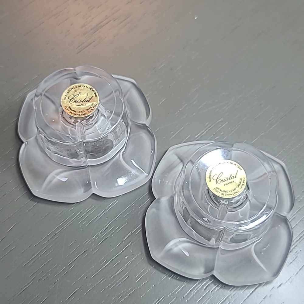 Cristal France Clear Frosted Lead Crystal Flower-Shaped Candle Holders - Picture 4 of 5